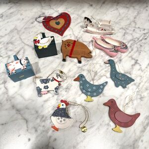 Vintage Wooden and Ceramic Ornament Lot Farm Animals Cottagecore Decor Bundle